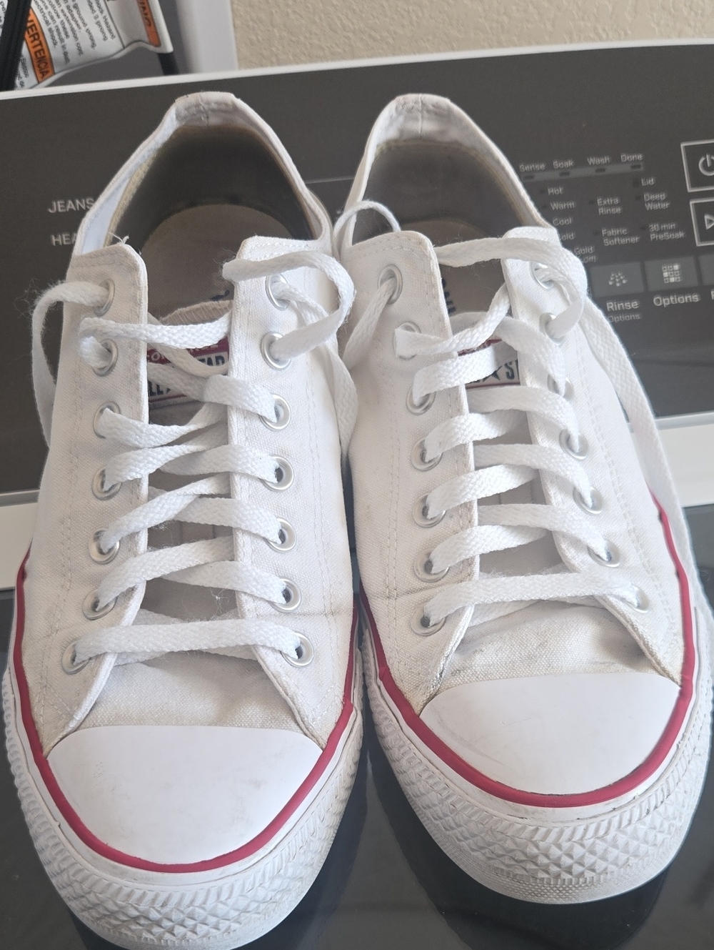 White Low-Top Canvas Sneakers with Red Trim -converse